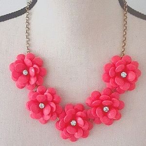 J. Crew Coral 3D Flower Bib Statement Necklace Brass Hardware CZ Stones